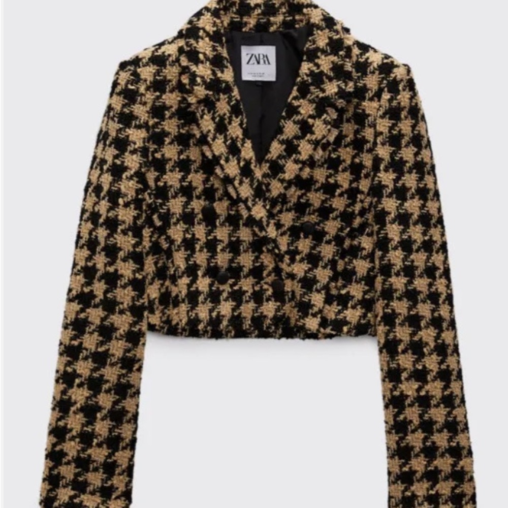 NWT ZARA Tweed Houndstooth CROPPED Top TEXTURED BLAZER Jacket Brown (SIZE S)